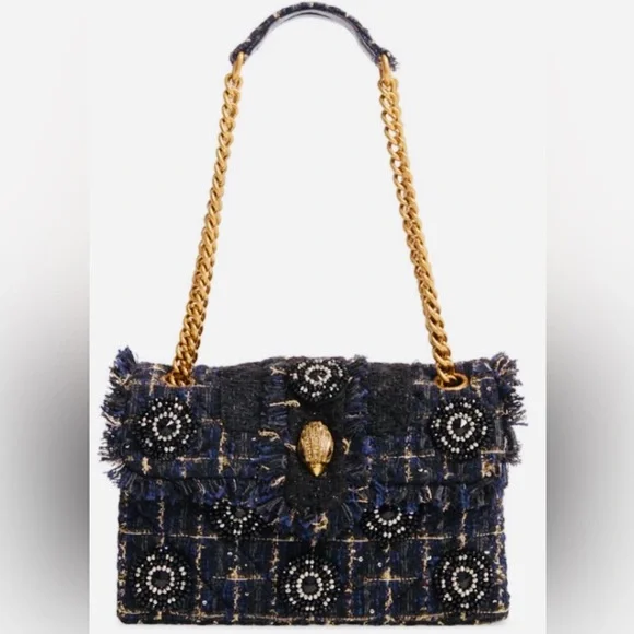 KURT GEIGER NAVY & BLACK EMBELLISHED with Gold Accent Tweed Handbag - Gold Chain - Picture 3 of 16